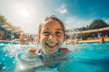 Fototapeta na wymiar Happy smiling child swimming in outdoor pool, playing and having fun, sunny summer day. Generative AI