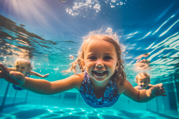 Little girl swimming underwater in an outdoor pool, smiling and having fun, sunny summer day. Generative AI