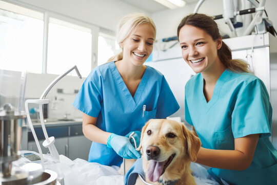 Smiley beautiful veterinarian examining a dog and posing with it, friendly patient, fur friend, animal clinic. Generative AI