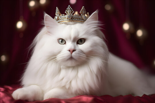 Luxurious Fluffy White Cat Wearing a Crown for Product Campaigns