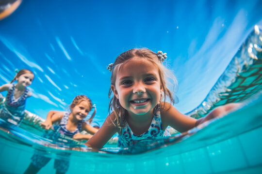 Little girl swimming underwater in an outdoor pool, smiling and having fun, sunny summer day. Generative AI