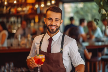 Friendly waiter serving drinks and smiling at the customers, ready to serve a cocktail. Generative AI