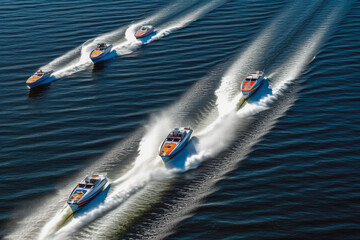 Obraz premium Speedboats racing in a speedboat contest, very fast professional driving, adrenalin racing. Generative AI