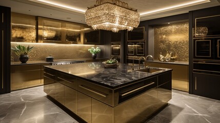 Modern luxury kitchen interior in black and gold colors. Created with generative AI