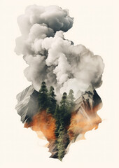 Minimalistic collage of smoke from vulcano in the mountains. Bad ecology air. Collage-style paint