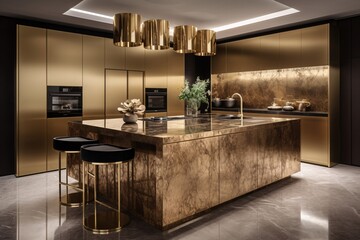 Luxury kitchen and dining room with gold marble countertop, Modern and prestige interior. Created with generative AI