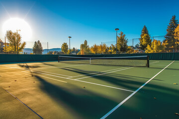 Outside tennis court on a sunny summer day with beautiful nature and blue sky in the background. Generative AI - Powered by Adobe