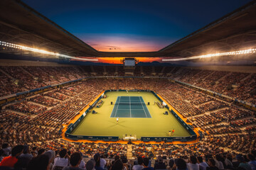 Tennis match on the court watched by the full stadium with the sunset in the background. Generative AI - obrazy, fototapety, plakaty