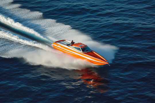 Orange speedboat racing in a speedboat contest, very fast professional driving, adrenalin racing. Generative AI