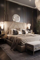 Interior of luxury bedroom with black and gold walls, concrete floor, comfortable king size bed and golden lamps. Created with generative AI