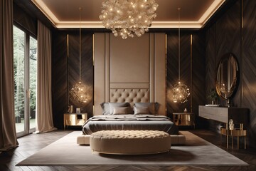Luxury bedroom interior design. Gold decorations. Modern and prestige interior with king size bed. Created with generative AI