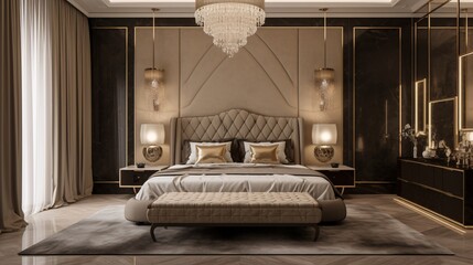 Luxury bedroom interior design in classic style. Gold decorations. Created with generative AI