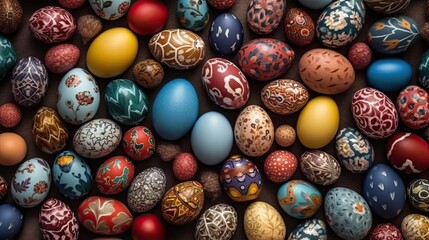 Fototapeta na wymiar composition for Easter using ornaments and colored eggs. a top view Generative AI