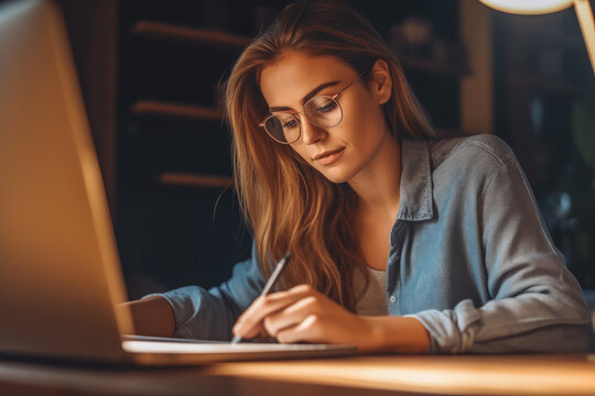 Young attractive business woman working on a project, brainstorming ideas and writing them down, very organized. Generative AI