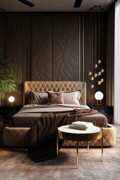 Modern bedroom interior with brown and dark walls, king size bed and golden accessories. Created with generative AI