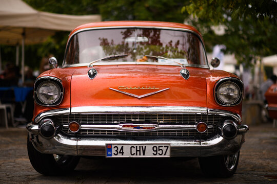 Rainy Day View of a Orange 1957 Chevrolet Impala at Izmir Classic Car Meet