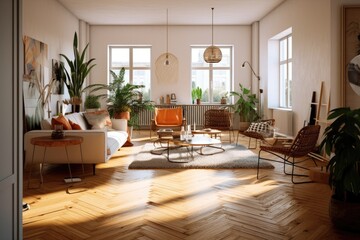 Scandi-Boho interior of a modern, unoccupied home with parquet floors. Generative AI