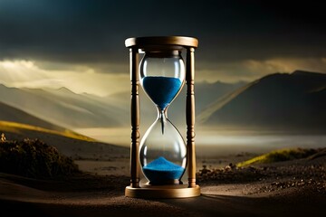 Hourglass with a dark background. Time sand concept. Created with generative Ai technology.
