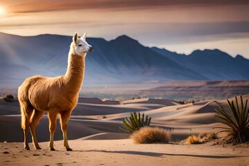 llama in the desert. Created with generative Ai technology.