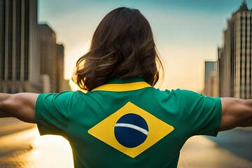 Brazilian woman wearing a T-shirt with the colors of the Brazilian flag. Created with generative Ai technology.
