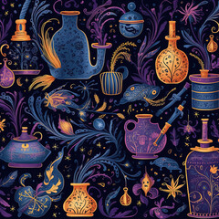 Seamless pattern with witch potions magic