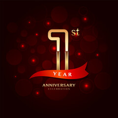 1st year anniversary celebration logo design with a golden number and red ribbon, vector template