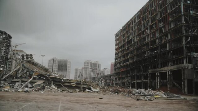 KYIV, UKRAINE. 21.04.2022. After bombing center Retroville. War in Ukraine. 