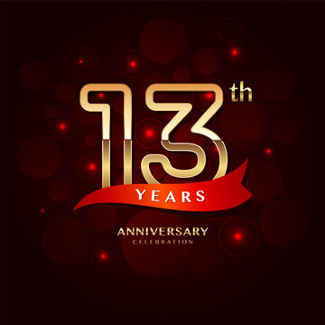 13th year anniversary celebration logo design with a golden number and red ribbon, vector template