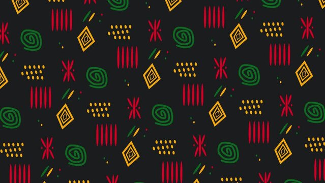 Animated Juneteenth loopable background with African ornaments in red, yellow, green and black. Perfect for videos about African culture, emancipation and the fight against racism. 