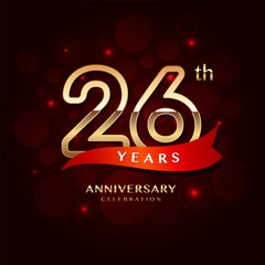 26th year anniversary celebration logo design with a golden number and red ribbon, vector template