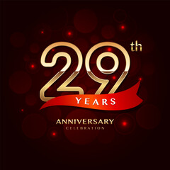 29th year anniversary celebration logo design with a golden number and red ribbon, vector template