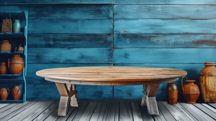 Blue wood background with a wooden table in front of it. Background of a product display Generative AI