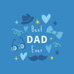 Father's Day greeting card with mustache, hat, necktie, glasses on blue background. Father's Day cartoon holiday illustration for banner, template, poster, flyer, social media.
