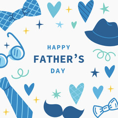 Fototapeta na wymiar Father's Day greeting card with necktie, mustache, hat, tie, glasses on white background. Father's Day cartoon holiday illustration for banner, template, poster, flyer, social media.