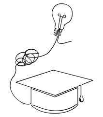 simple vector sketch graduation cap and bulb lamp single one line art, continuous