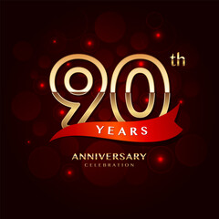 90th year anniversary celebration logo design with a golden number and red ribbon, vector template