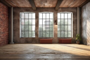 Interior of empty room with brick and wood walls and a large window. Renovation concept. a mockup Generative AI