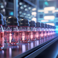 3D Render. COVID-19 mRNA vaccine production platform. Pharmaceutical manufacture process with glass bottles with clear liquid on automatic conveyor line. Generative AI