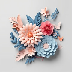 3D abstract cut paper flowers, botanical background, festive floral arrangement. Rose, daisy, chrysanthemum, dahlia, butterfly and leaves in pastel color pale flowers, white background. Generative AI