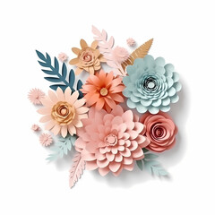 3D abstract cut paper flowers, botanical background, festive floral arrangement. Rose, daisy, chrysanthemum, dahlia, butterfly and leaves in pastel color pale flowers, white background. Generative AI