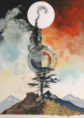 Minimalistic collage of red and black/white smoke and fire with the tree in the center and mountains at the background. High quality illustration. Generative AI
