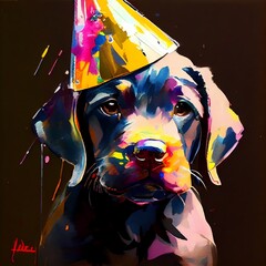 A very cute dog having a birthday, painting style, Generative AI