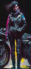 Full body painted portrait of a cyberpunk girl with her motorbike, Generative AI