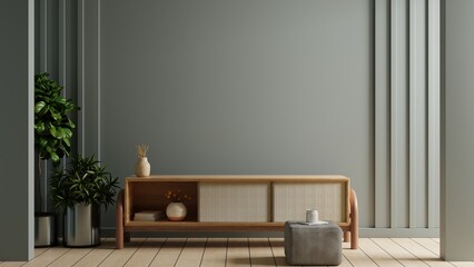 Living room on dark blue wall background with cabinet mockup for TV .3d rendering