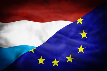 Luxembourg and European Union mixed flag. Wavy flag of Luxembourg and European Union fills the frame.