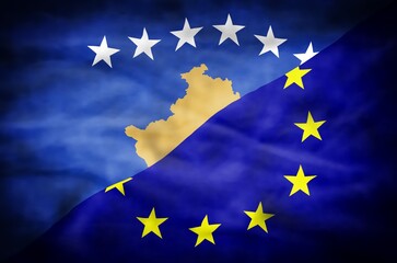 Kosovo and European Union mixed flag. Wavy flag of Kosovo and European Union fills the frame.