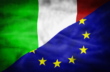 Italy and European Union mixed flag. Wavy flag of Italy and European Union fills the frame.