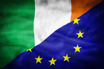 Ireland and European Union mixed flag. Wavy flag of Ireland and European Union fills the frame. - 610803499