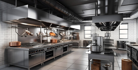 Industrial kitchen. Restaurant kitchen. Modern shiny kitchen with stainless steel utensils and restaurant cooking equipment with prep tables, pans, pots, stoves.