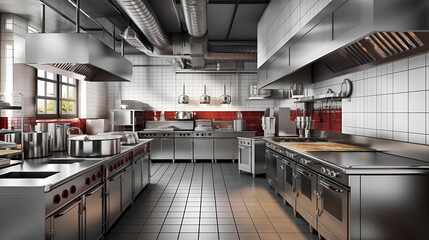 Industrial kitchen. Restaurant kitchen. Modern shiny kitchen with stainless steel utensils and restaurant cooking equipment with prep tables, pans, pots, stoves.